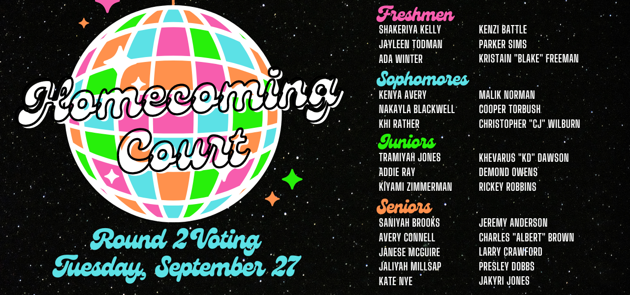 Homecoming court nominees. Round 2 voting on Tuesday, September 27