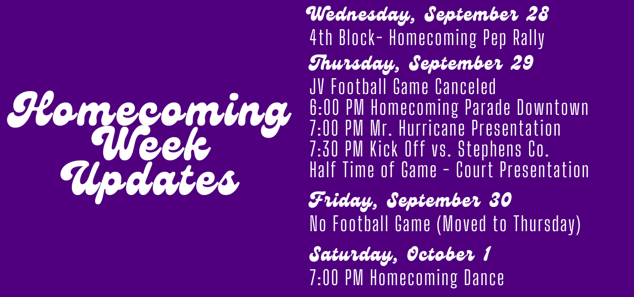 Homecoming football game moved to Thursday, September 29.