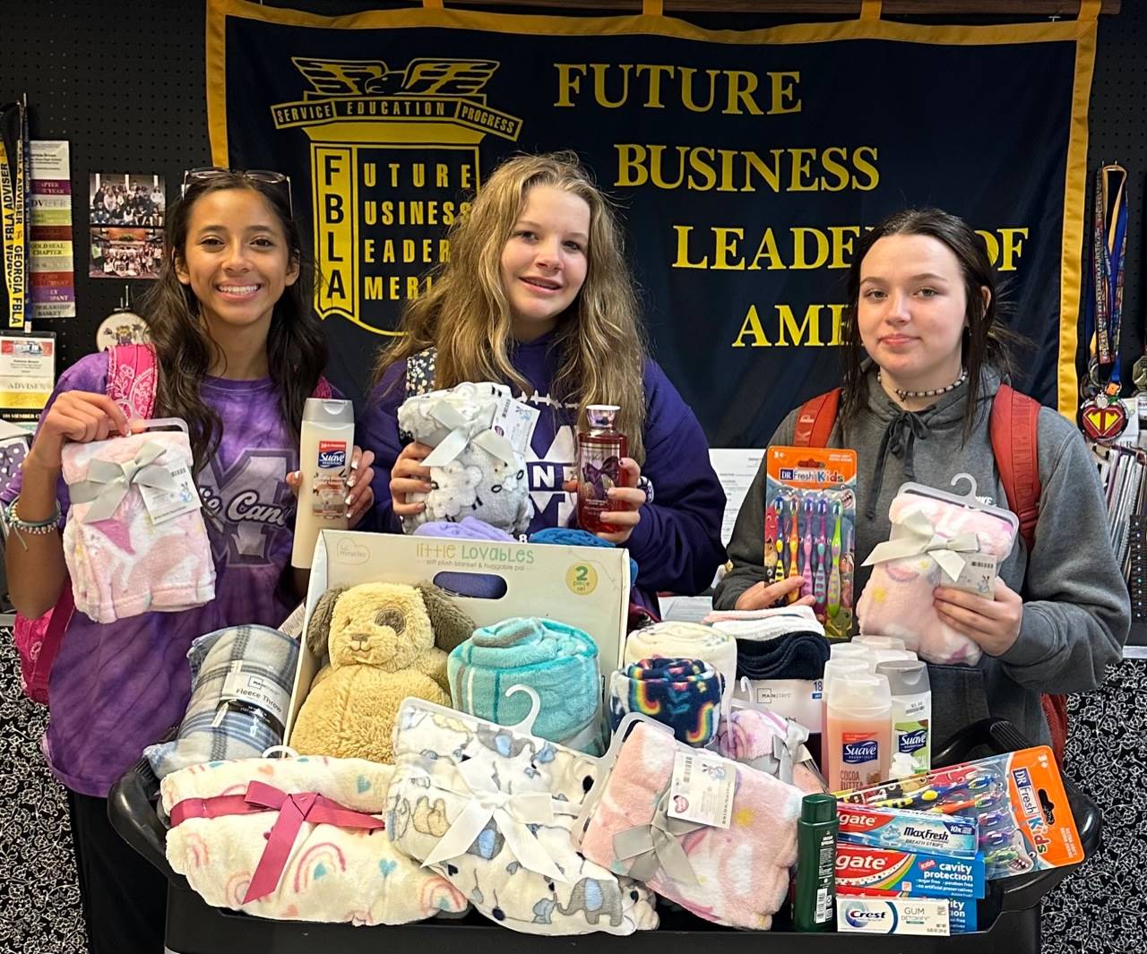 September - baby blankets & hygiene items for Project ReNeWal (pictured Chloe Ransom, Abigail Nix, C